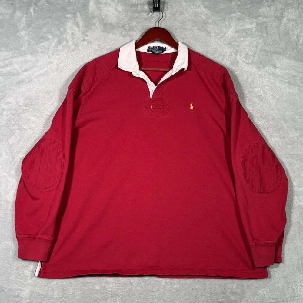 Polo Ralph Lauren Rugby Shirt Mens XL Red Elbow Patch Long Sleeve White Collar - Picture 1 of 10